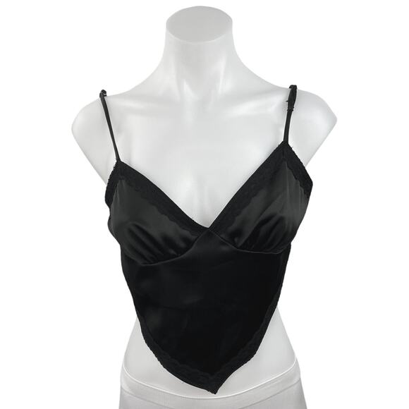 Rebel Flow Black Satin V Neck Spaghetti Strap Tie Backless Hanky Cami Crop Top M - Picture 1 of 4